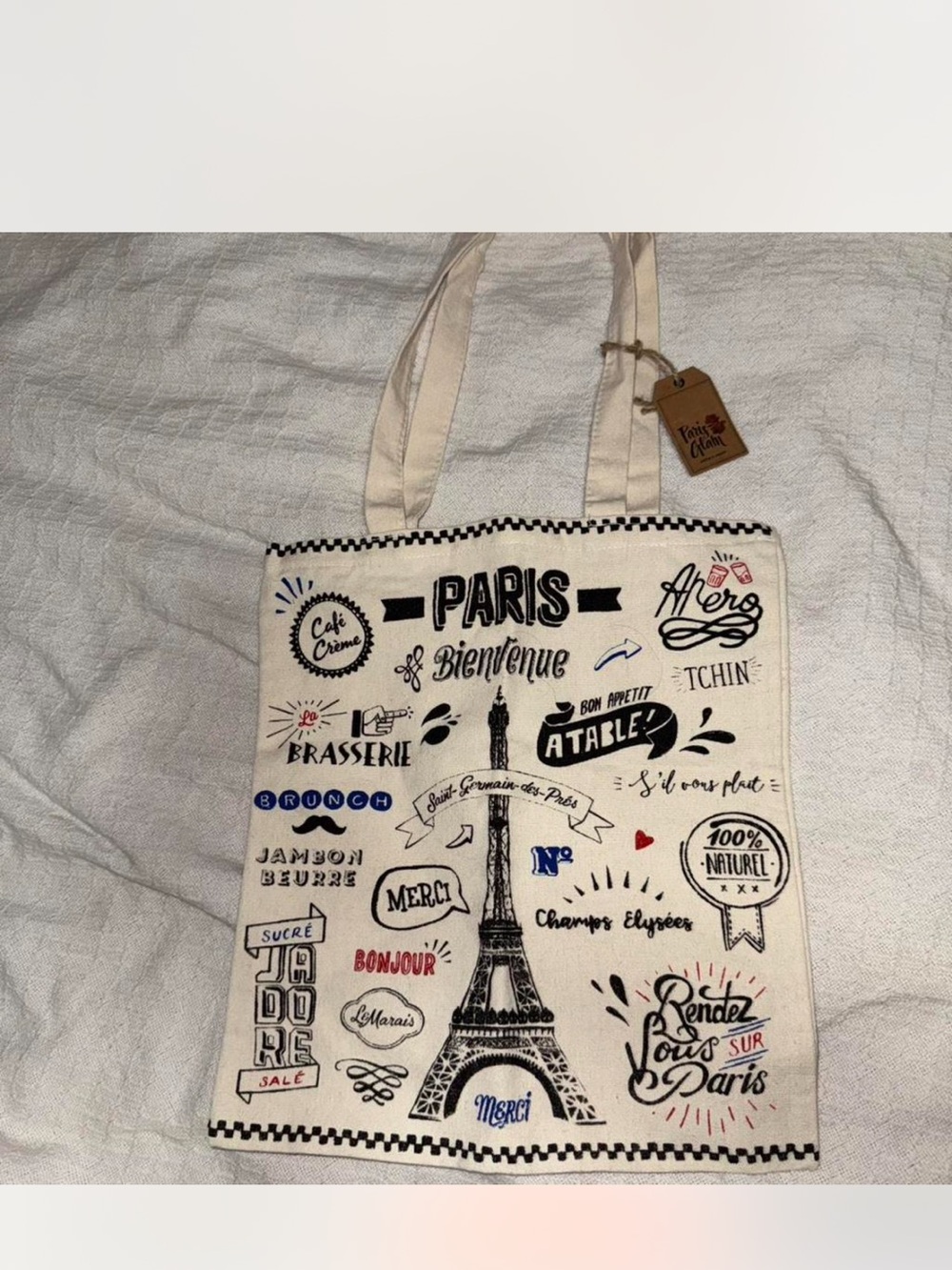 Paris Print Canvas Tote Bag in Cream